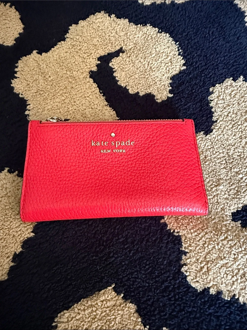kate spade Red Pebbled Leather Zip Card Holder with Gold Logo